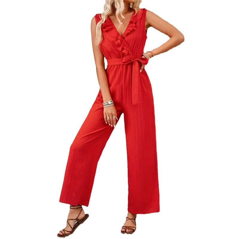 Women's elegant jumpsuit with ruffle details and waist belt, size
