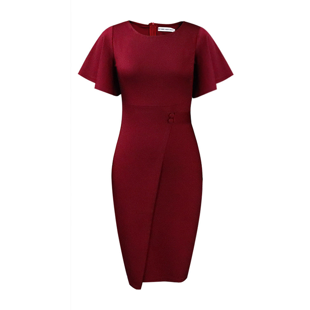 GR | Damen Figurbetont Wickelstil Midi Kleid mit Kurzen Ärmeln