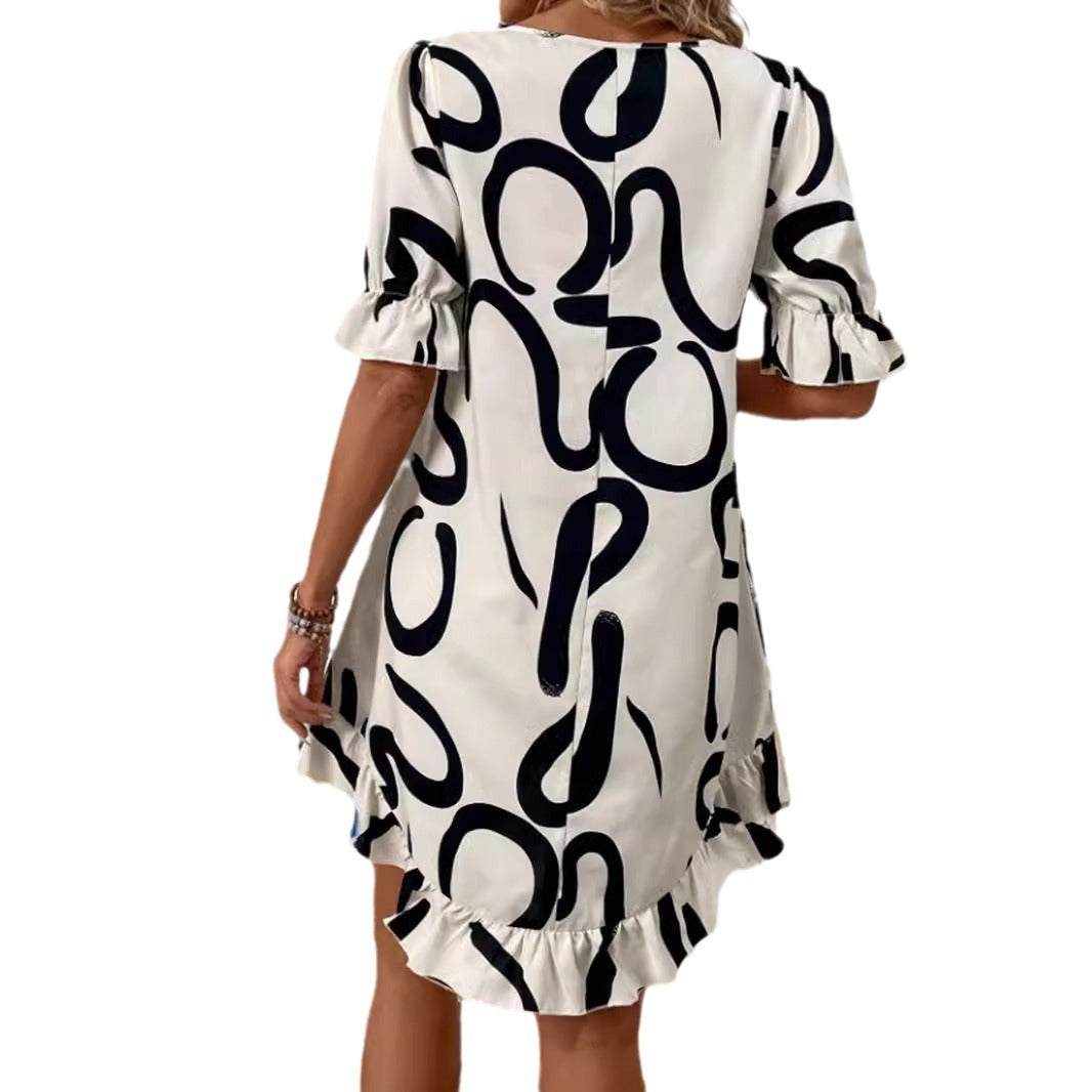 GR | Bedrucktes Rundhals Kurzarm Midi Kleid