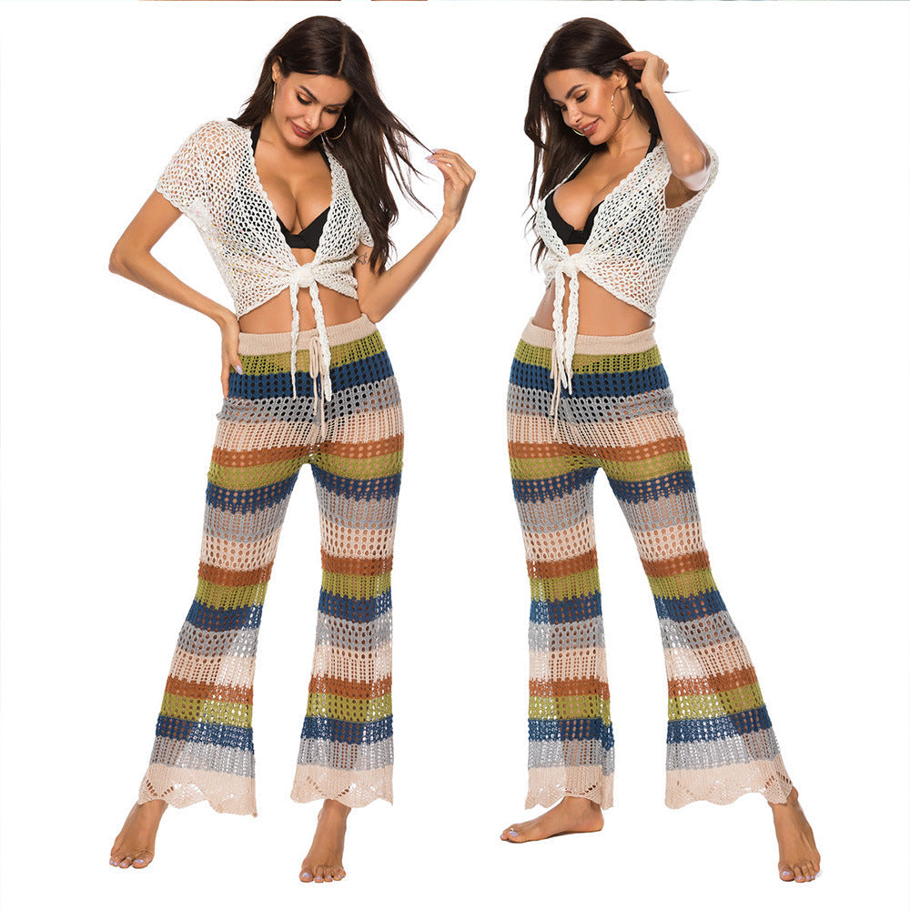 Women's airy crochet trousers in boho style with a high waist, size