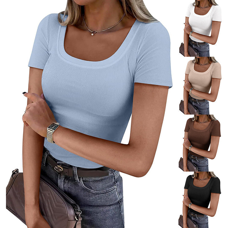 Women's fitted top with a wide square neckline and short sleeves, size S