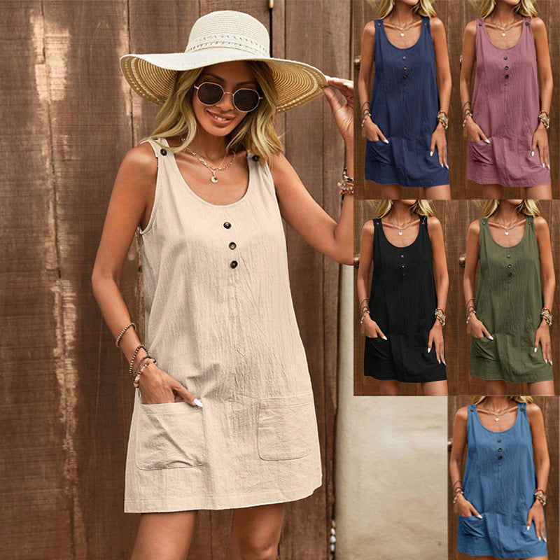 Damen lässiges Sommerkleid mit Knopfdetails und praktischen Taschen GR