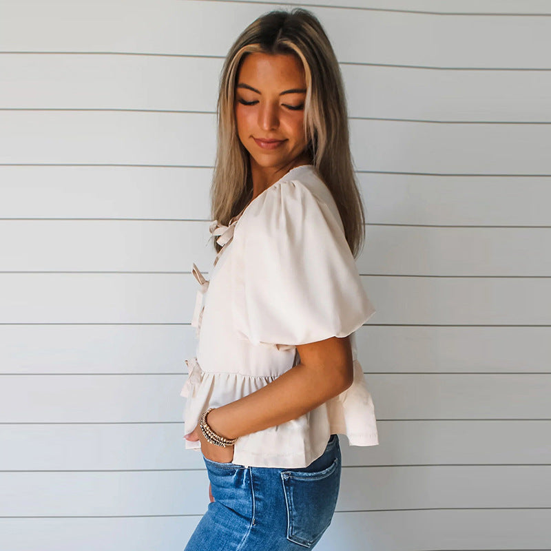 Damen Bluse mit Rüschen und Bindebändern GR