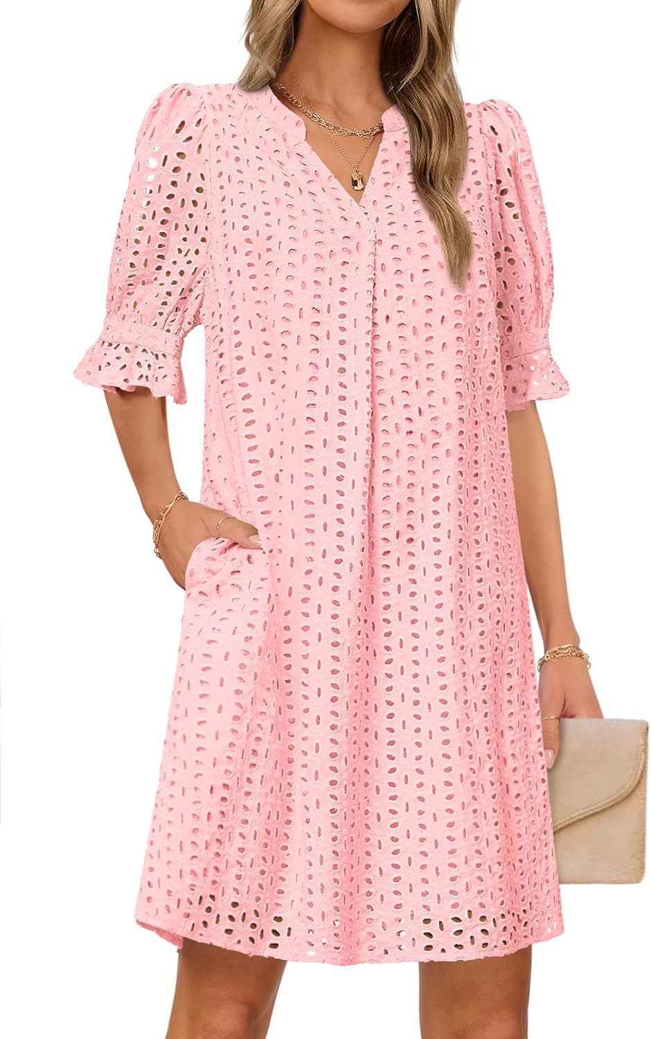 Women's airy summer dress with romantic openwork pattern and practical pockets, size