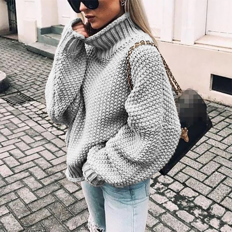 Damen Grobstrickpullover mit hohem Kragen und lässigem Schnitt GR