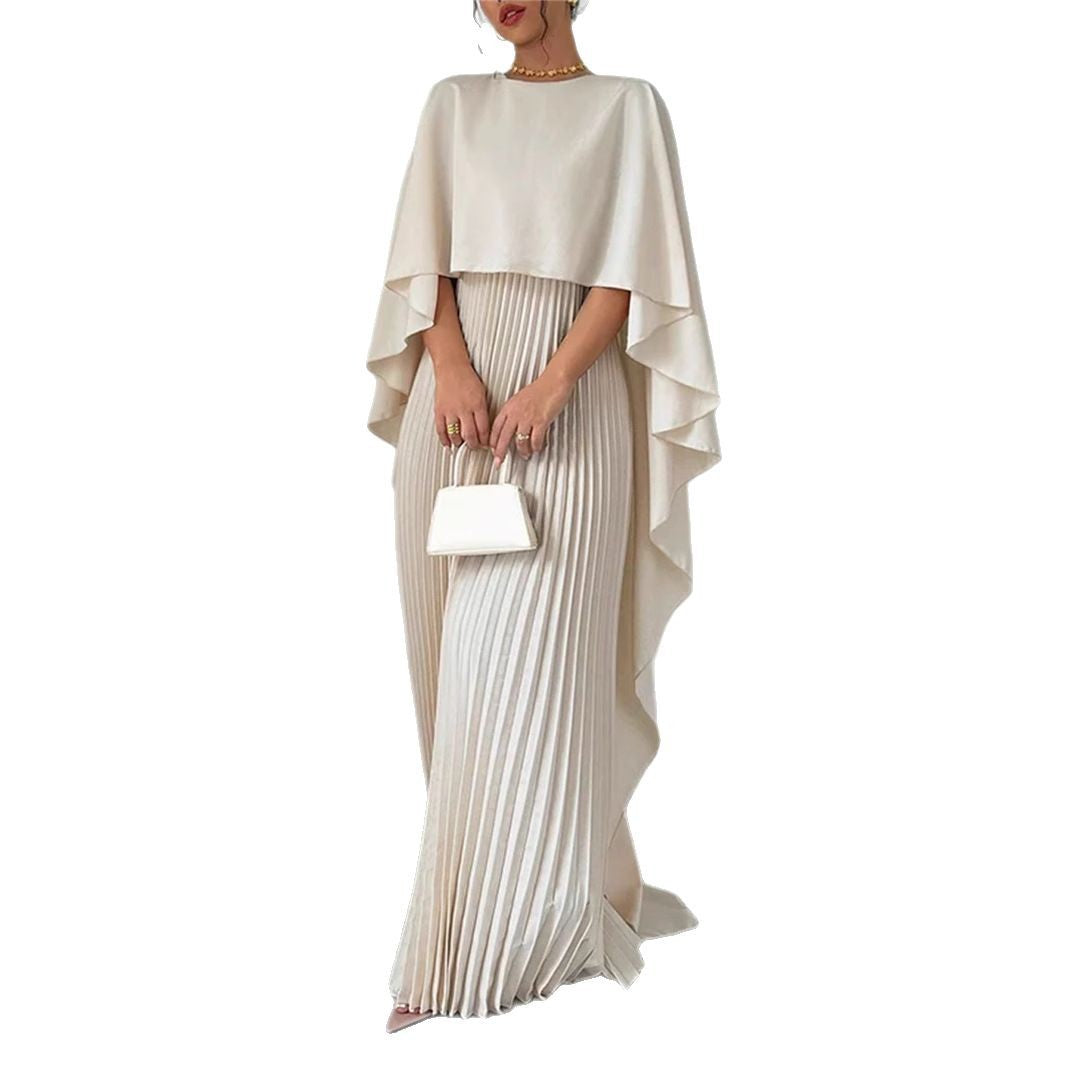 GR | Elegant long dress with batwing sleeves, pleated asymmetrical design, and flowing fit