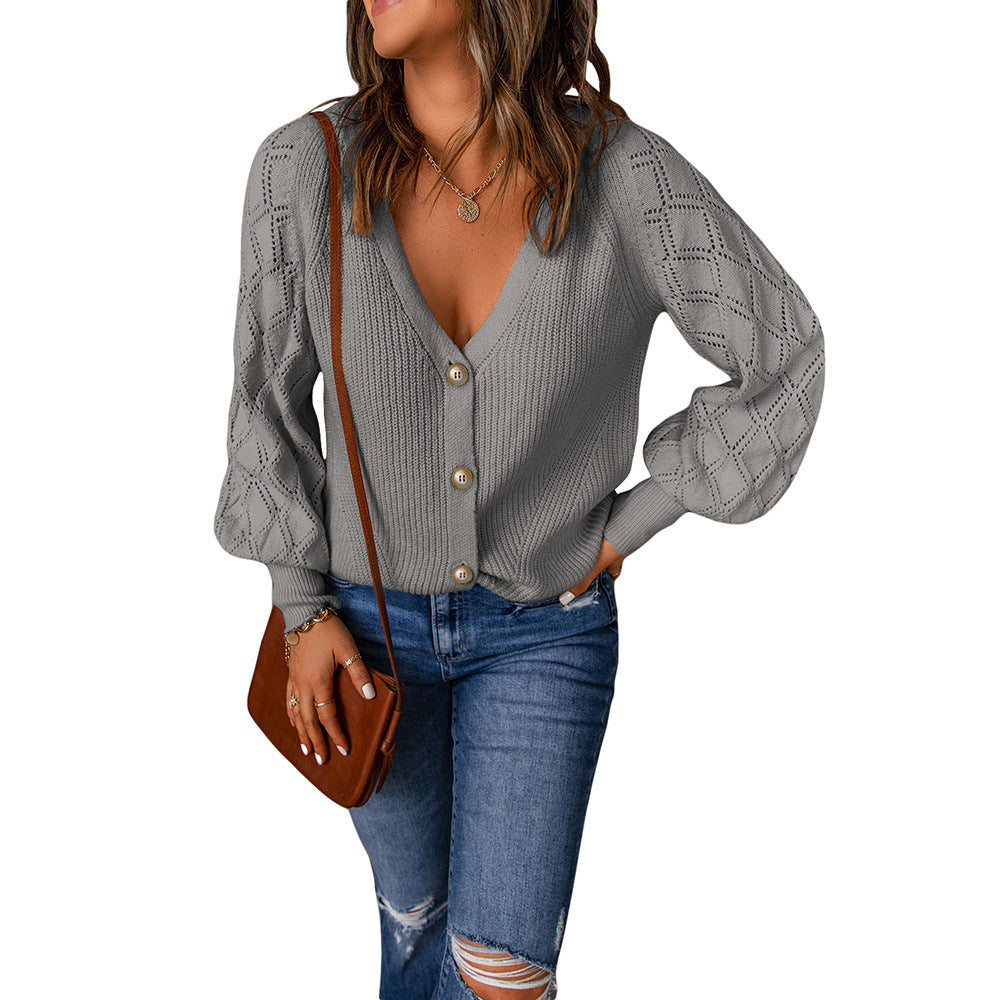 Damen Strickjacke mit V-Ausschnitt und Puffärmeln GR