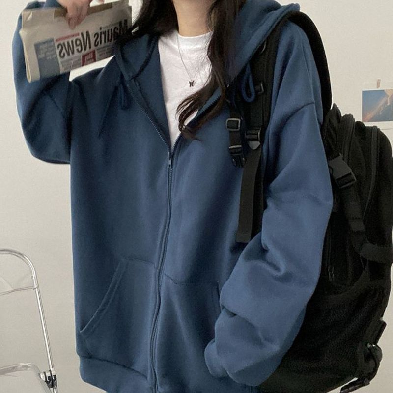 GR Zip-up Oversized Solid Pocket Hooded Long Sleeve Loose Baseball Jacket