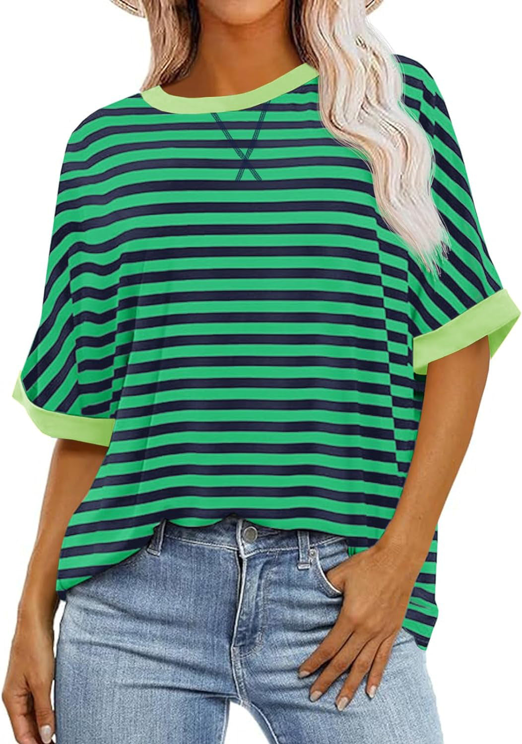 Women's casual striped top with a relaxed fit and contrasting neckband, size [size]