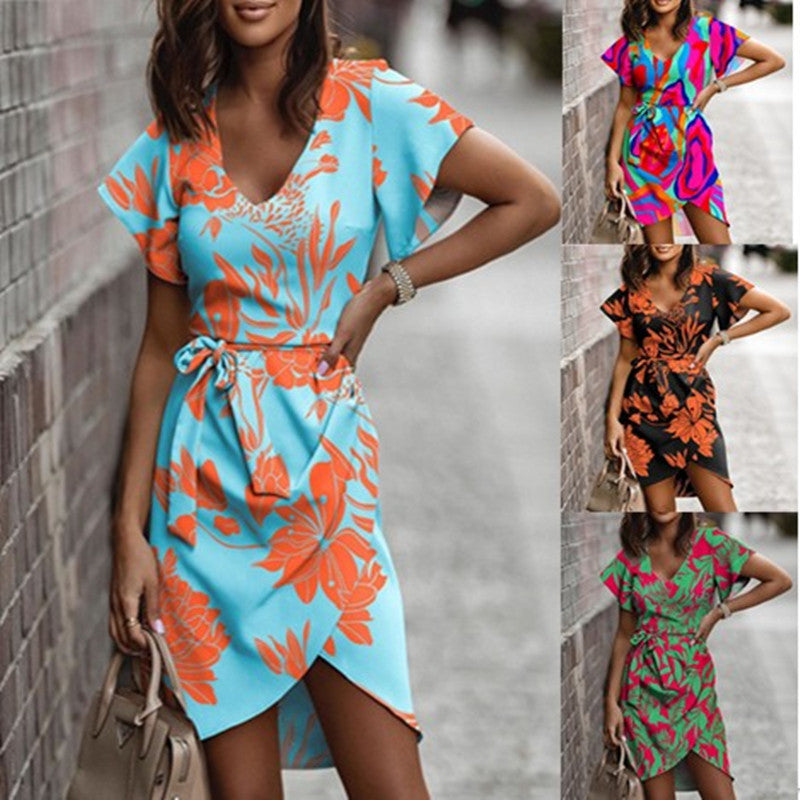 Women's wrap dress with floral design and chic waist belt, size