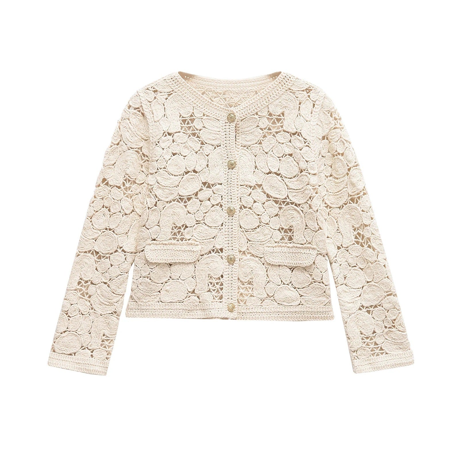 Women's cardigan made of fine lace with decorative button details and an elegant silhouette, size S