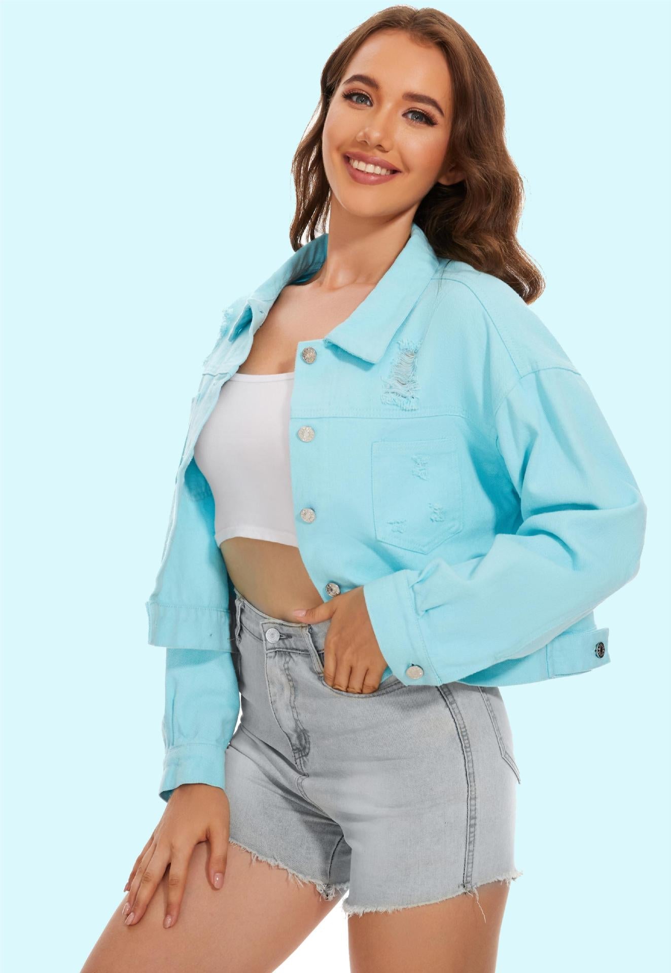 Women's denim jacket in a casual crop style with fringed details, size GR
