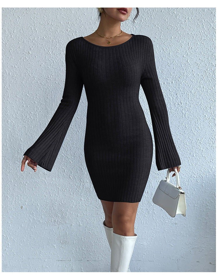 GR | Long-sleeved trumpet sleeve open back knit dress 