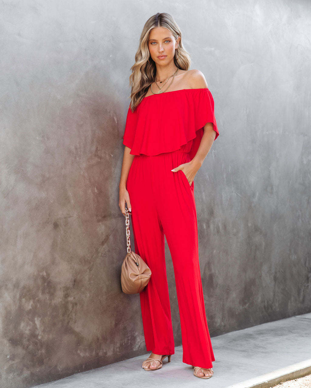 Women's Elegant Off-Shoulder Jumpsuit with Wide Leg and Flowing Top, Size