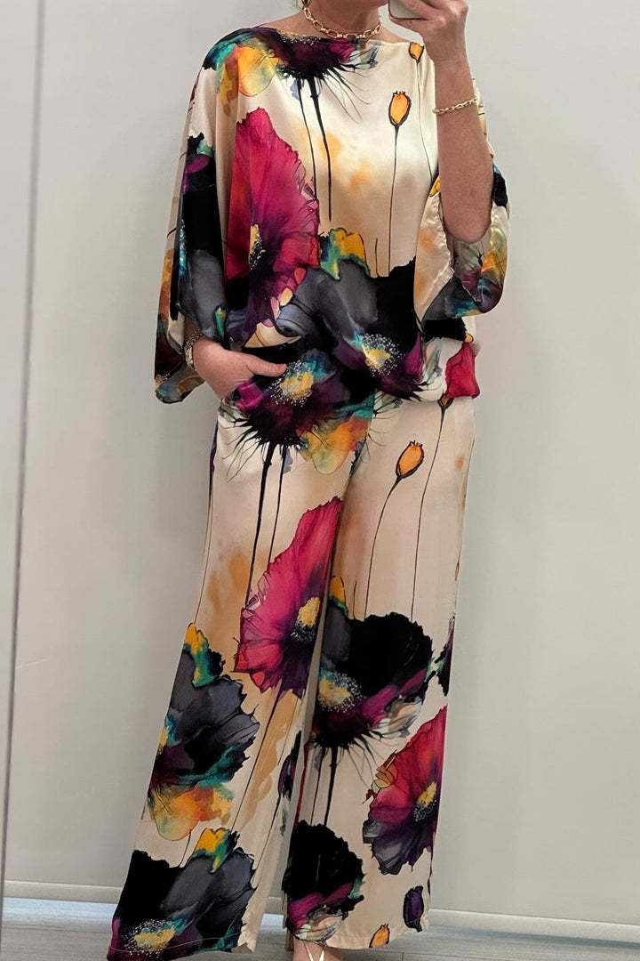 GR | Elegant satin one-shoulder printed loose set 