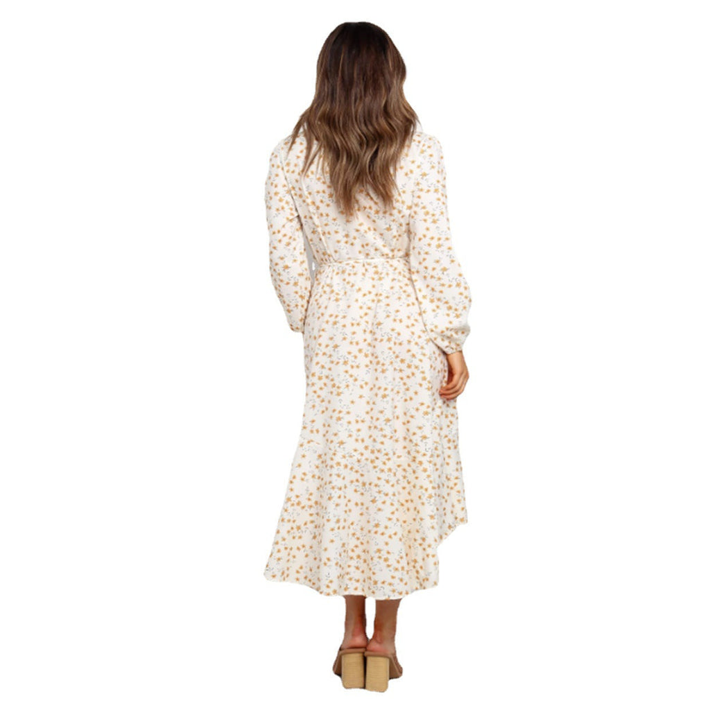 Women's wrap dress with voluminous sleeves and ruffled hem, size [size missing]