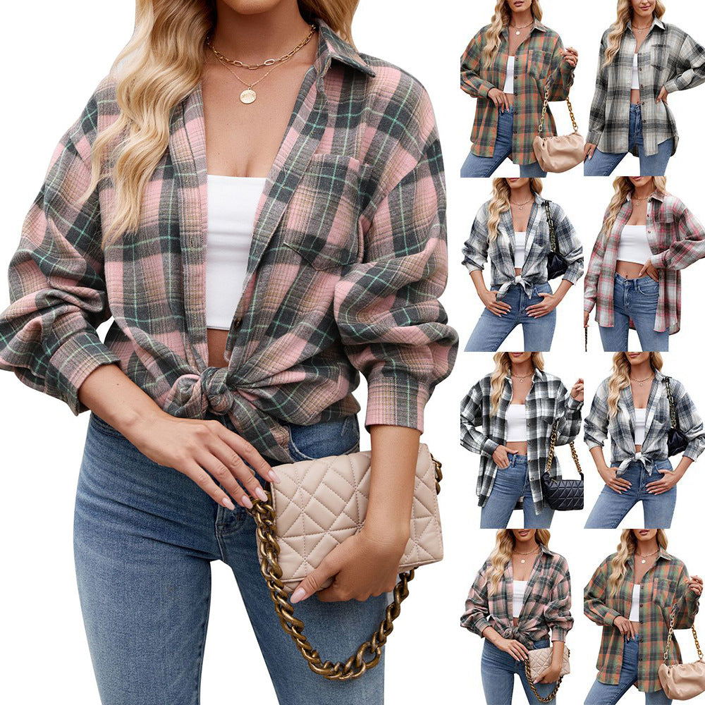 Women's Checkered Oversized Shirt Blouse GR