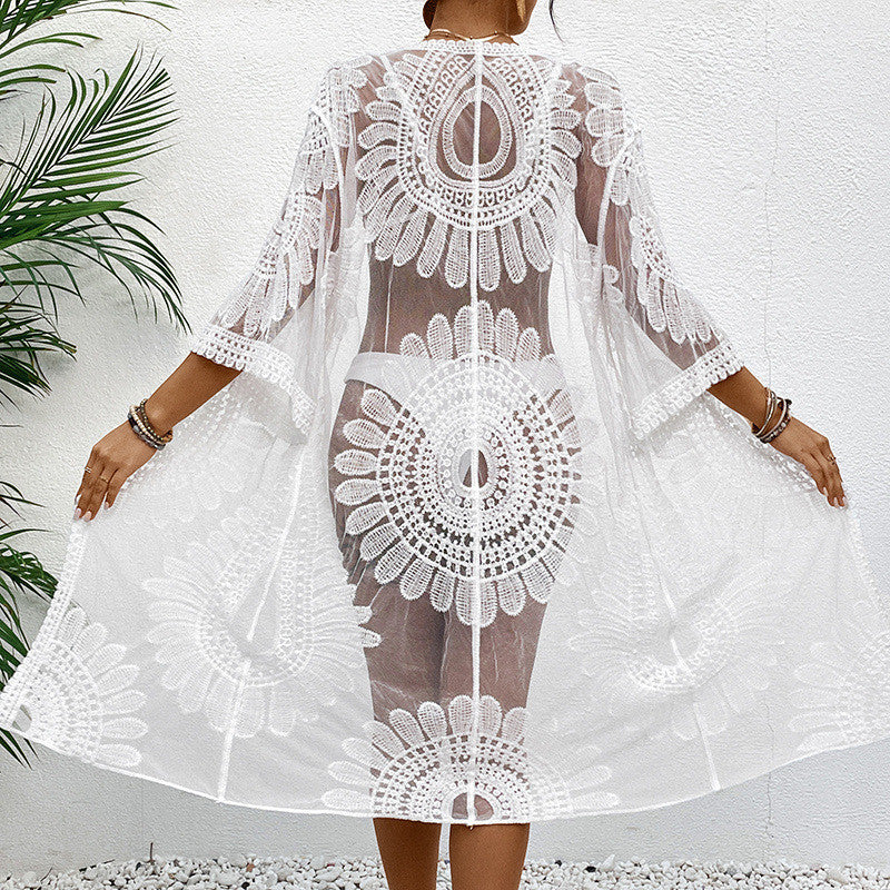 Women's transparent beach throw with elegant crochet pattern, size S