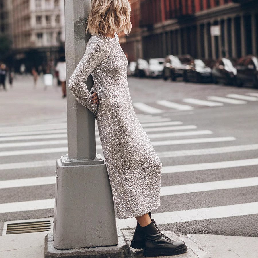 Damen Glitzerndes Midikleid mit elegantem Rundhalsausschnitt und figurschmeichelndem Schnitt GR