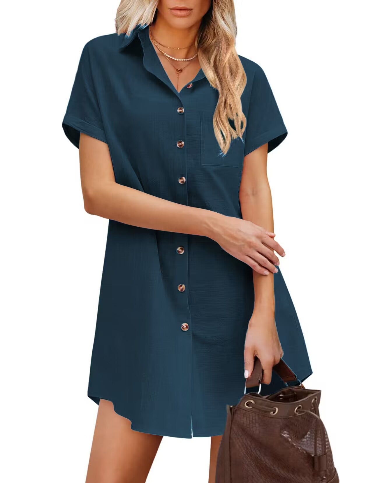 Damen Hemdblusenkleid aus strapazierfähigem Leinenmix mit Knopfdetail und Brusttasche GR