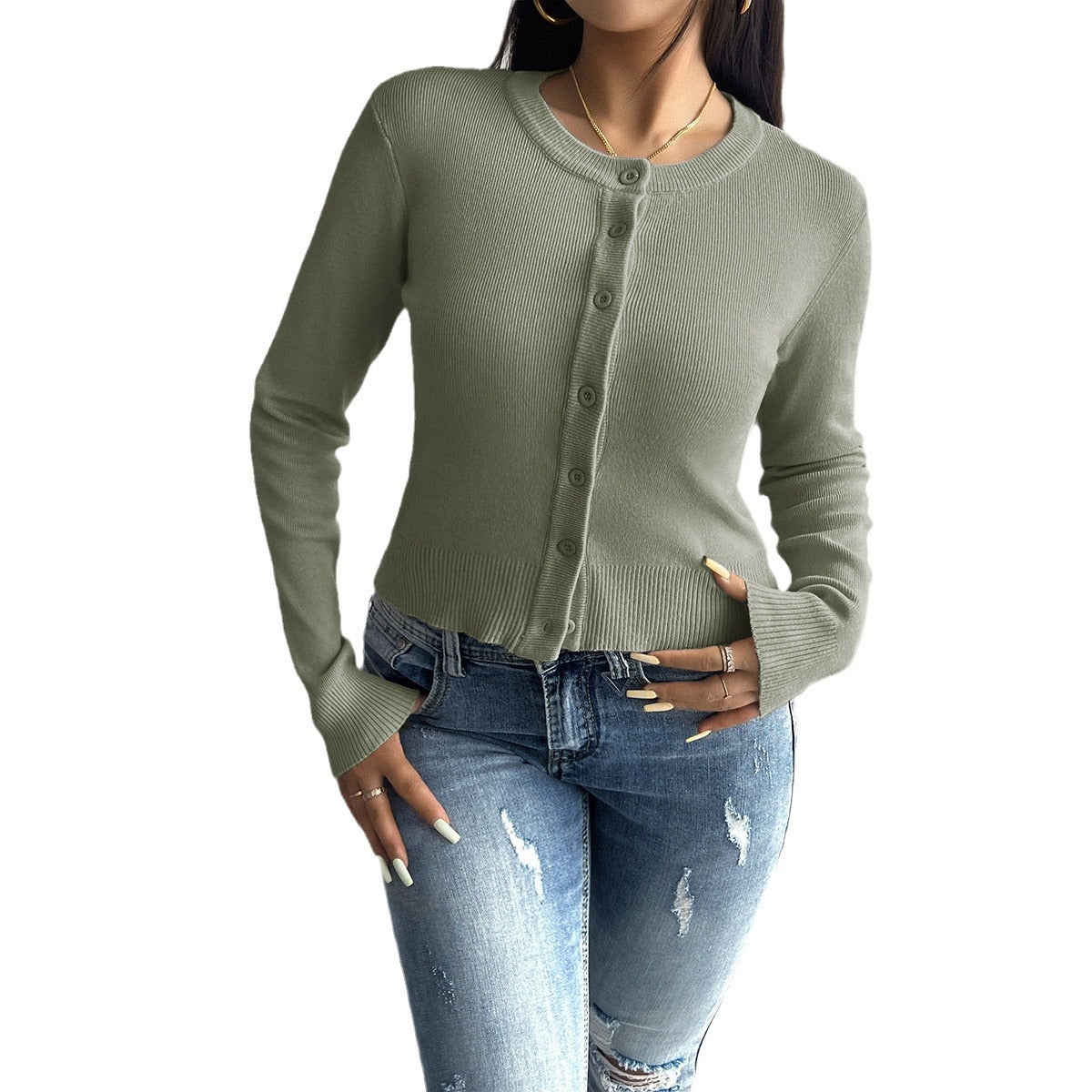 Damen Cardigan mit feiner Ribstruktur und Knopfverschluss GR