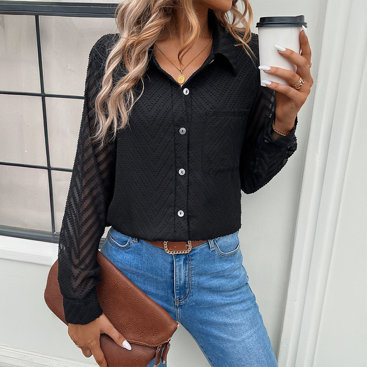 Damen Elegante Bluse mit transparenten Ärmeln und Knopfverschlüssen GR