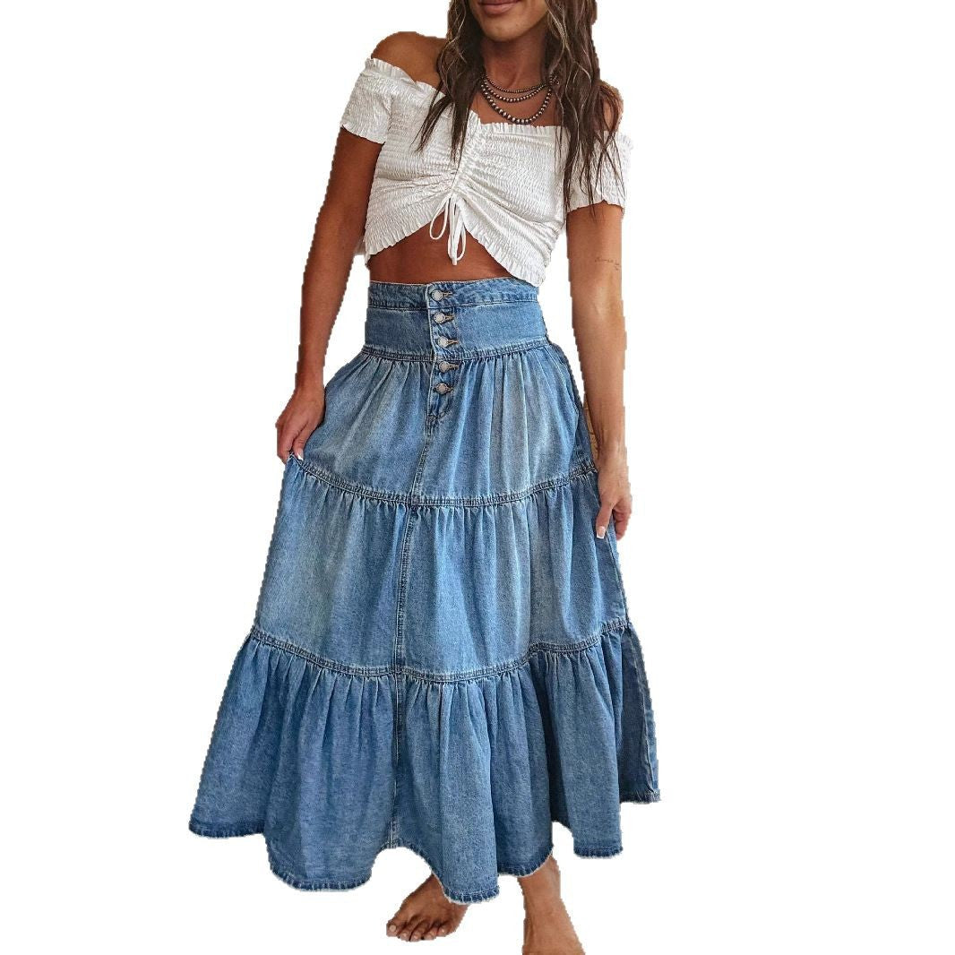 Damen Baumwollrock mit voluminösem Stufen-Design und modischem Knopfdetail GR