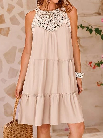 Women's airy summer dress with lace trim and wide hem, size [size]