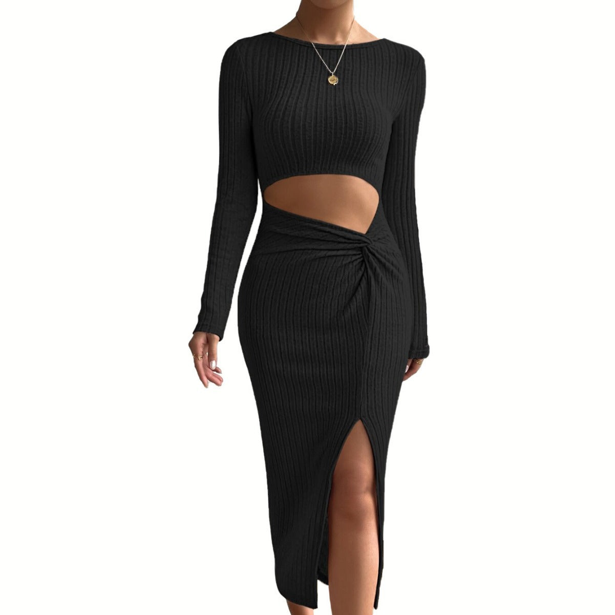 Women's long-sleeved dress with cut-out details and innovative wrap design, size S