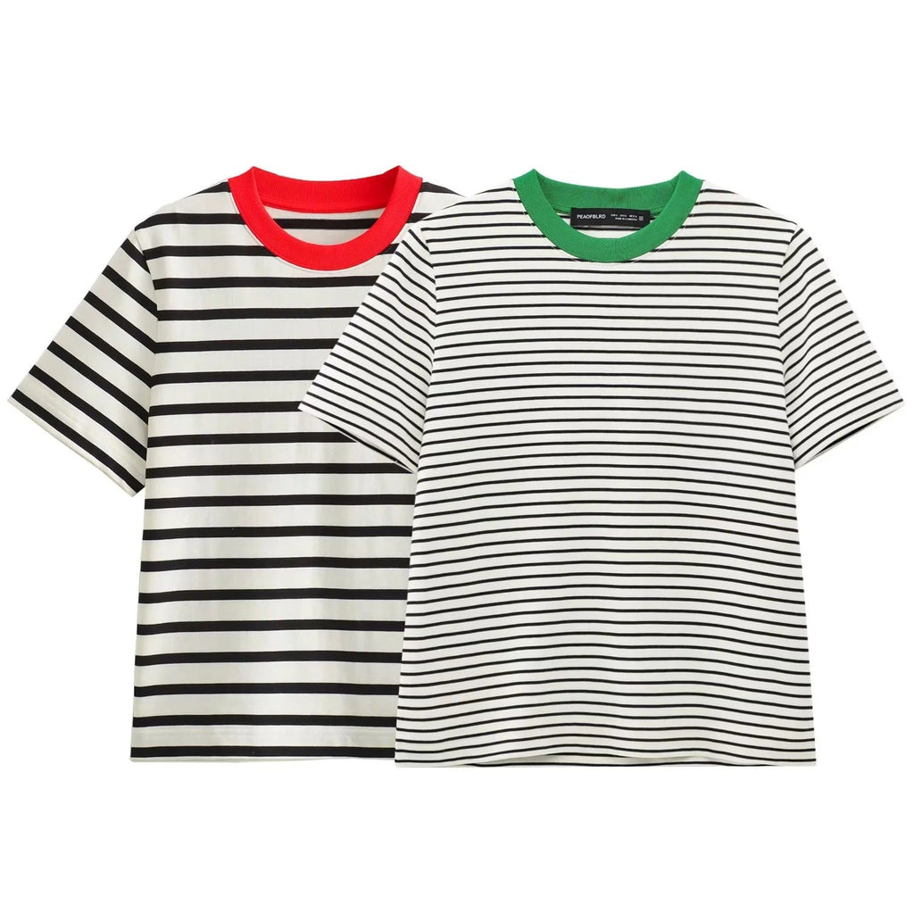 Damen Freizeit T-Shirt mit kontrastierendem Kragen und lässigem Streifenmuster GR