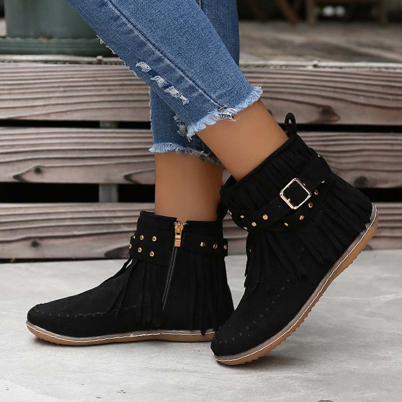 GR | Boho ankle boots with fringes and buckles for women