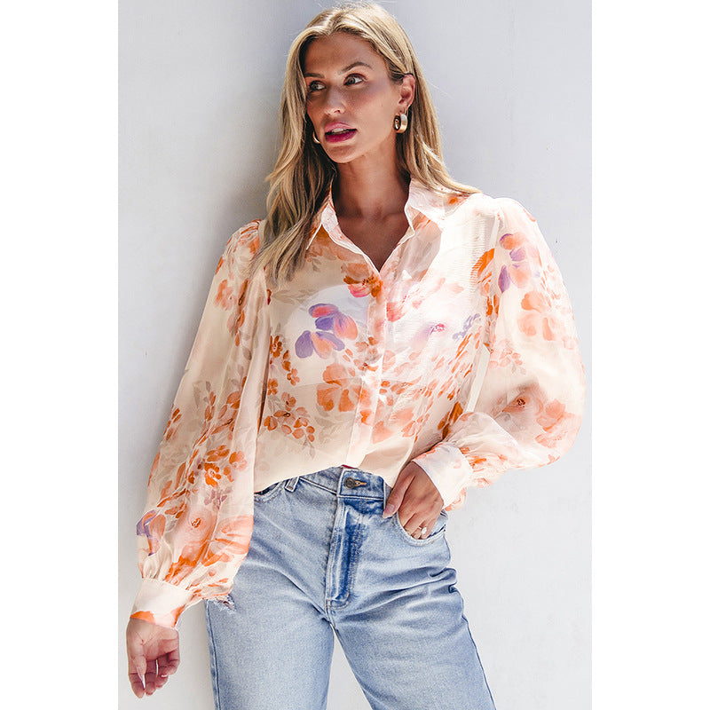Damen luftiges Blusenshirt mit floralem Design und voluminösen Ärmeln GR