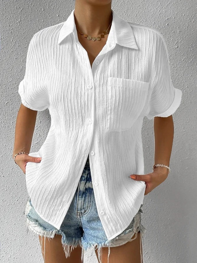 Women's short-sleeved shirt blouse with textured outer material, size S