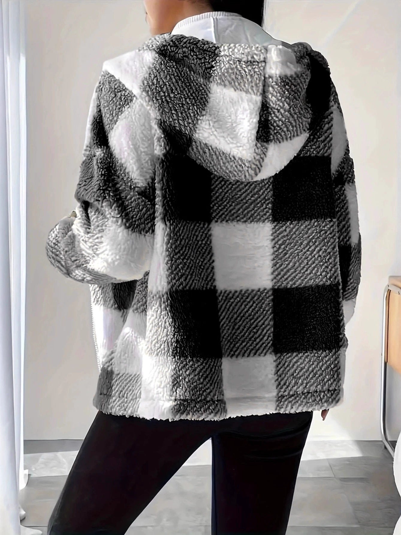 GR | Kariert Teddy Hoodie Jacke | Warm und Bequem für den Winter