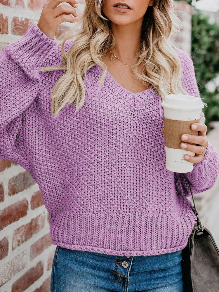 Damen Grobstrickpullover mit tiefem V-Ausschnitt und lockerer Passform GR
