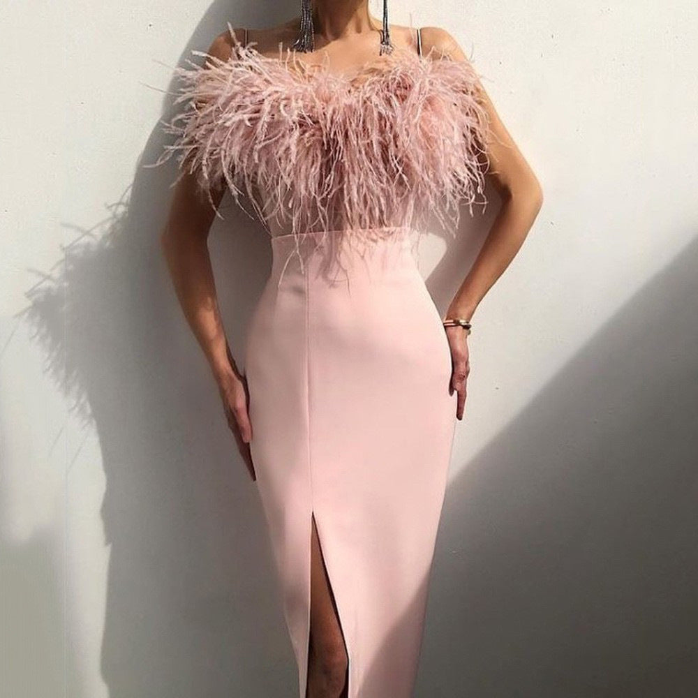 Women's evening dress with delicate feather appliqué, size