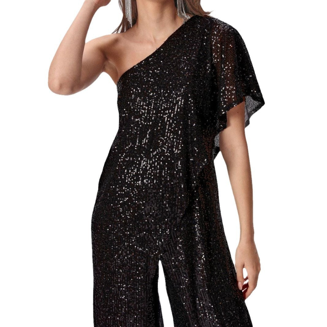 Women's One-Sided Sequin Jumpsuit with Wide-Leg Trousers, Size