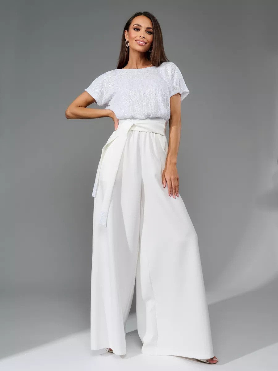 Women's glamorous jumpsuit with glittery top and wide-legged trousers, size