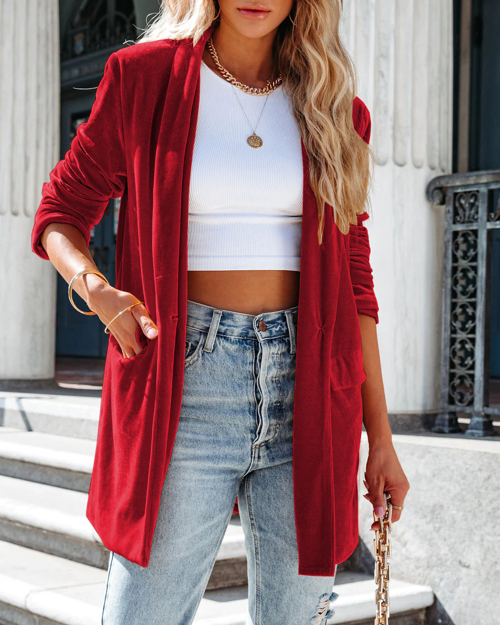 Damen lässiger Longcardigan mit seitlichen Taschen und offenem Schnitt GR