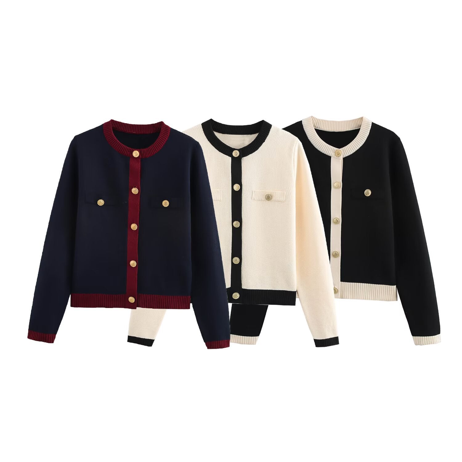 GR | Frühling Goldene Knopf Kontrast Strick Cardigan Top
