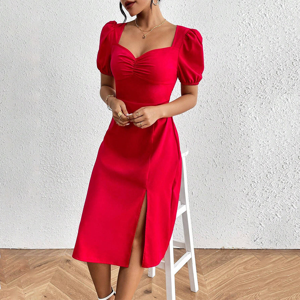 Women's midi dress with puff sleeves and sophisticated ruffle detail, size GR