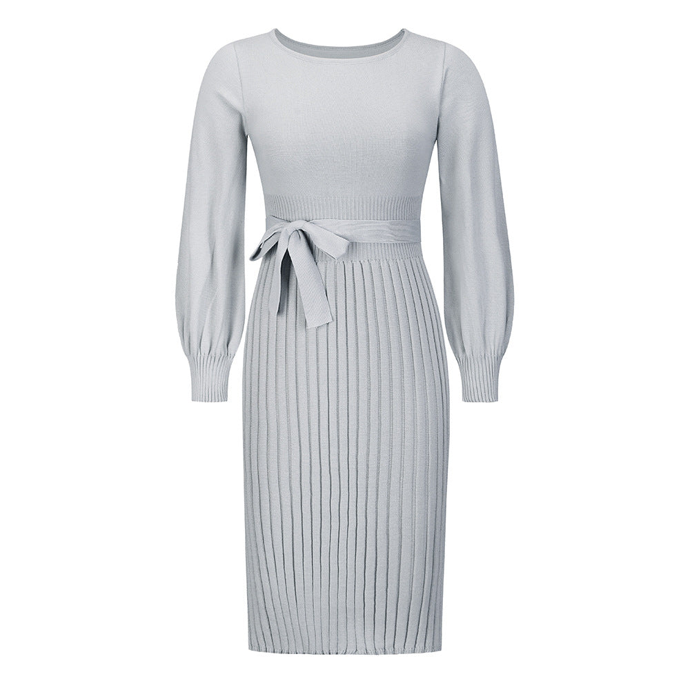 Damen Strickkleid mit taillierbarem Gürtel und langen Ärmeln GR