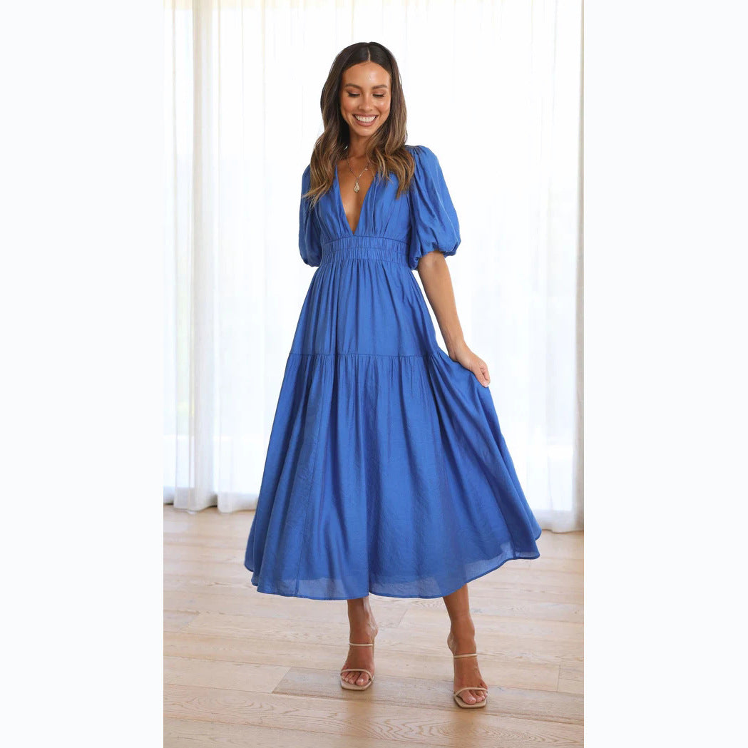 GR | Lässige Trends Sommer V-Ausschnitt Figurbetont Taillenkleid Midilänge