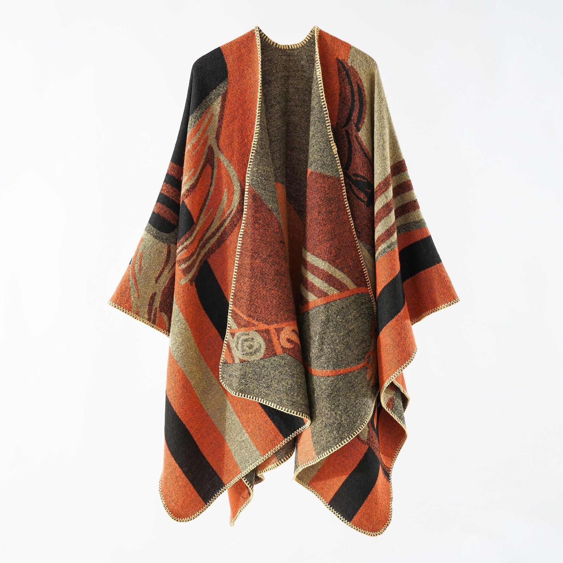 Women's elegant knitted poncho with artistic pattern and fine fringe, size GR