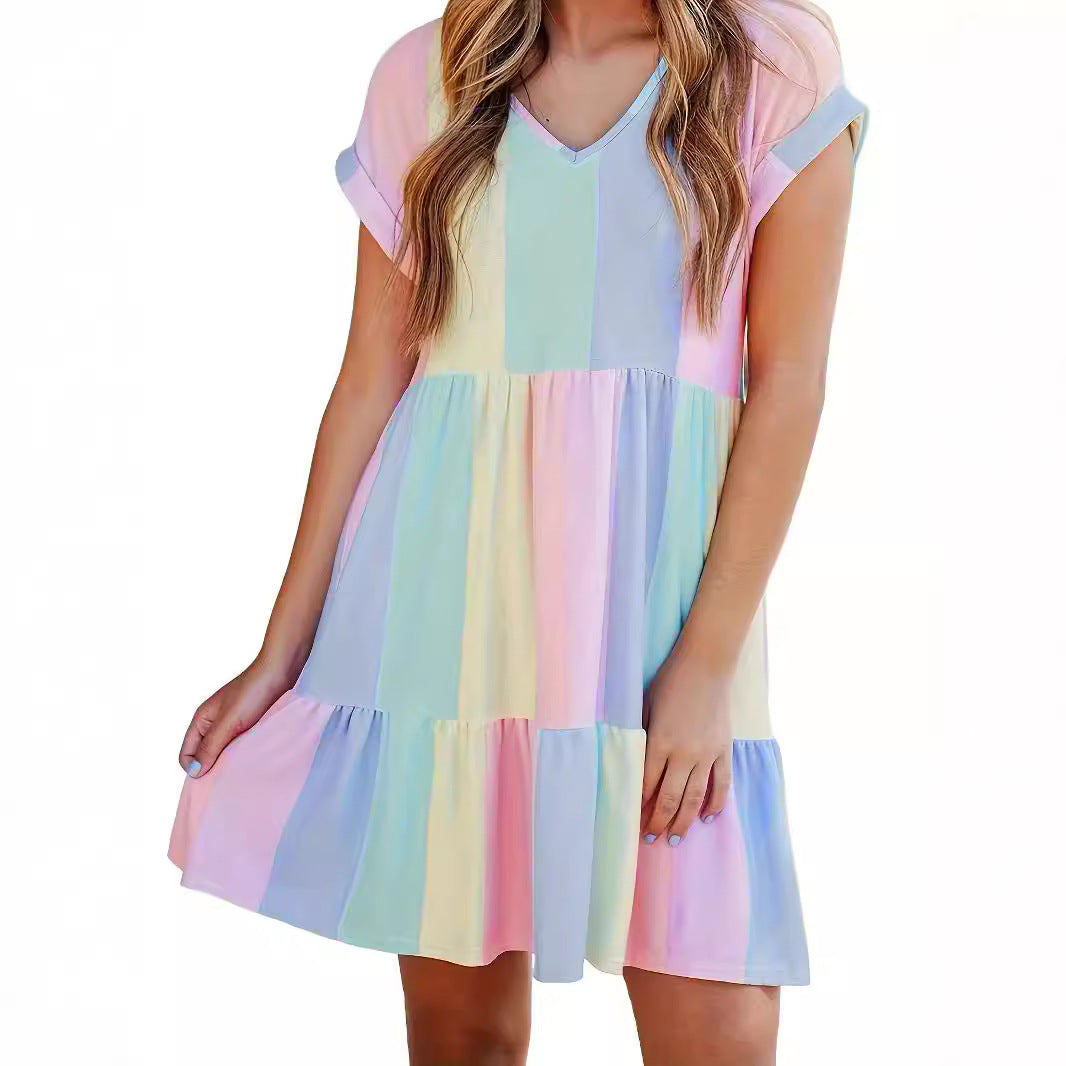 Damen Freizeitkleid mit farbenfrohem Streifenmuster und fließendem Design GR