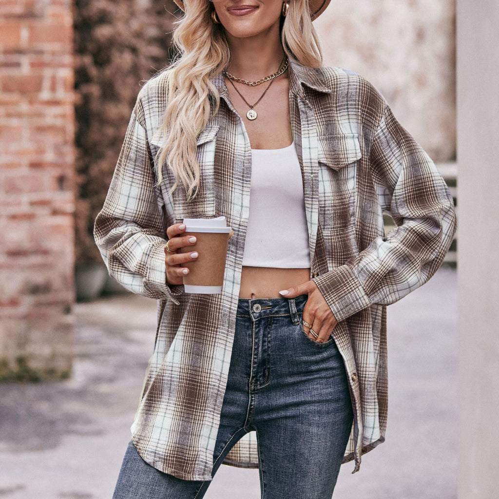 Women's checked shirt with button-up front design and casual knot detail, size GR