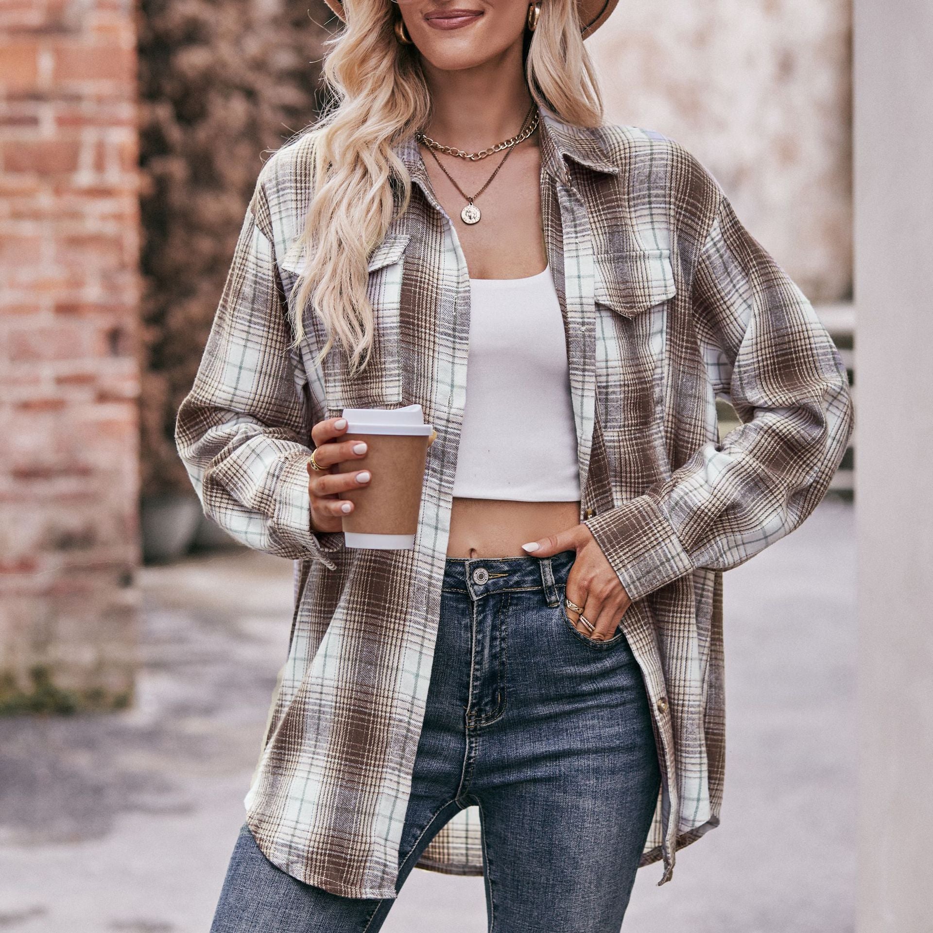 Women's checked shirt with button-up front design and casual knot detail, size GR