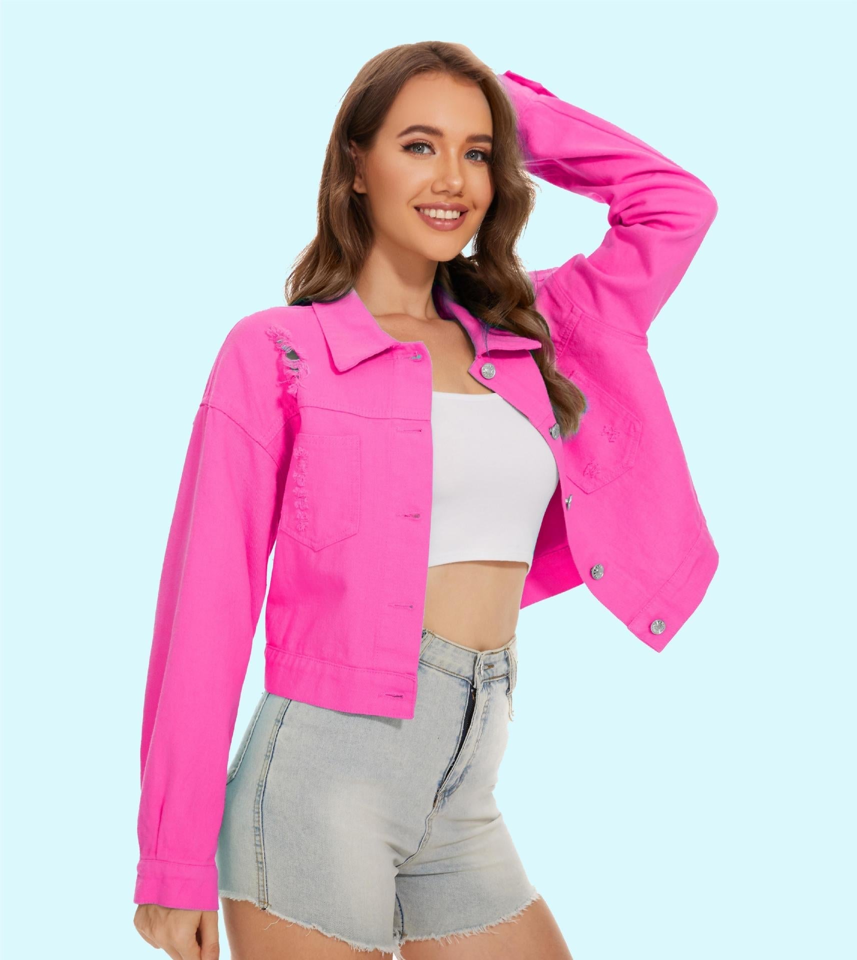Women's denim jacket in a casual crop style with fringed details, size GR