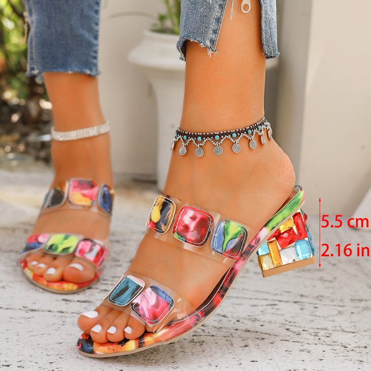 Women's transparent sandals with colorful, geometric accents, size S