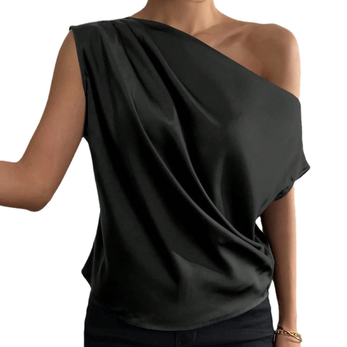 Women's asymmetrical top with draping and elegant cut, size